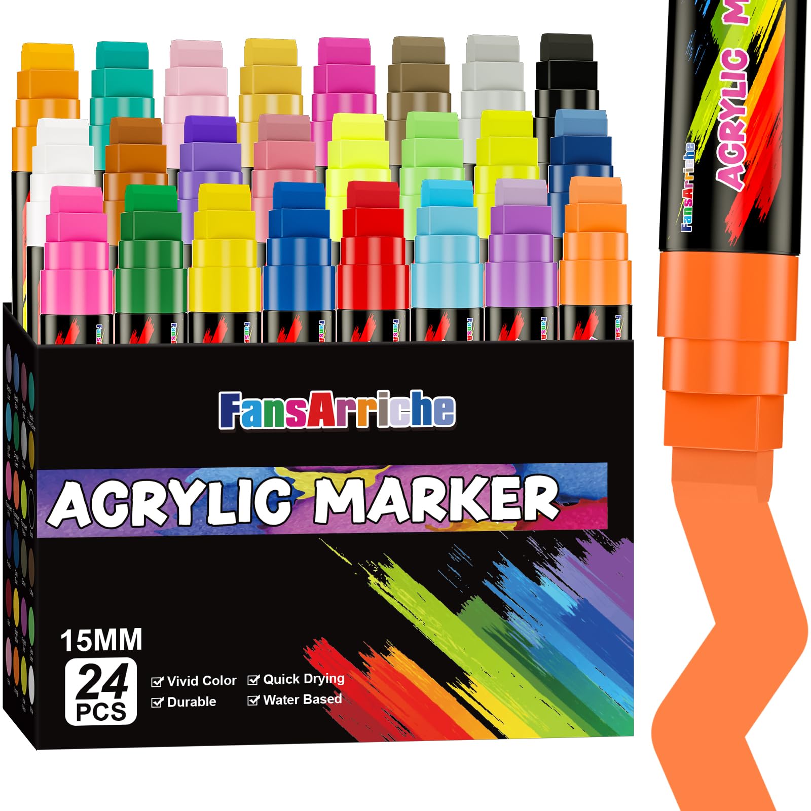 FansArriche Rotuladores Acrílicos, 24 Colores de Punta de Fieltro 15 mm