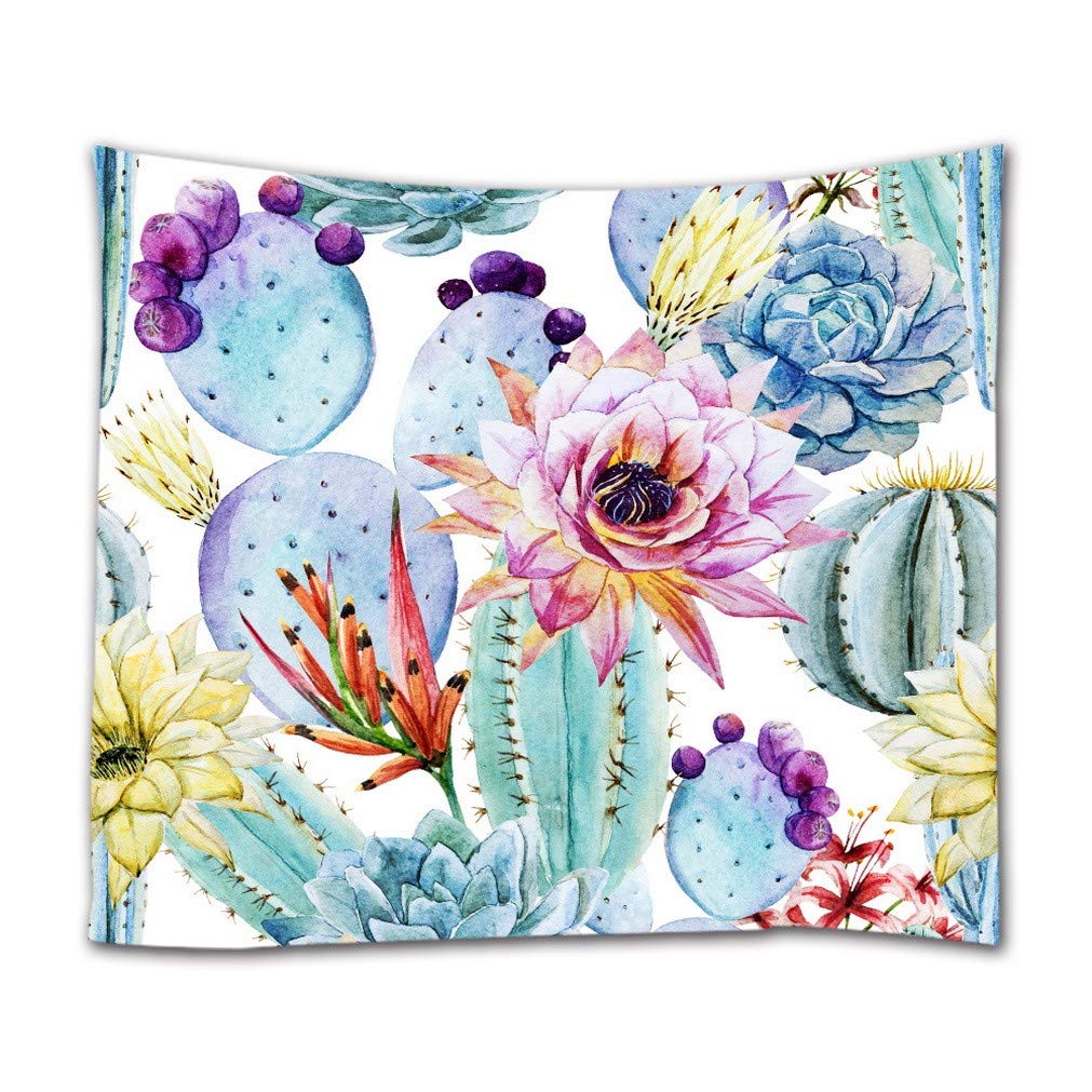 A.Monamour Watercolor Painting Blue Cactus Succulent Plants Flowers Pattern White Background Print Boho Hippie Mandala Wall Hanging Tapestry Wall Art Decors Fabric Tablecloth 180x200cm