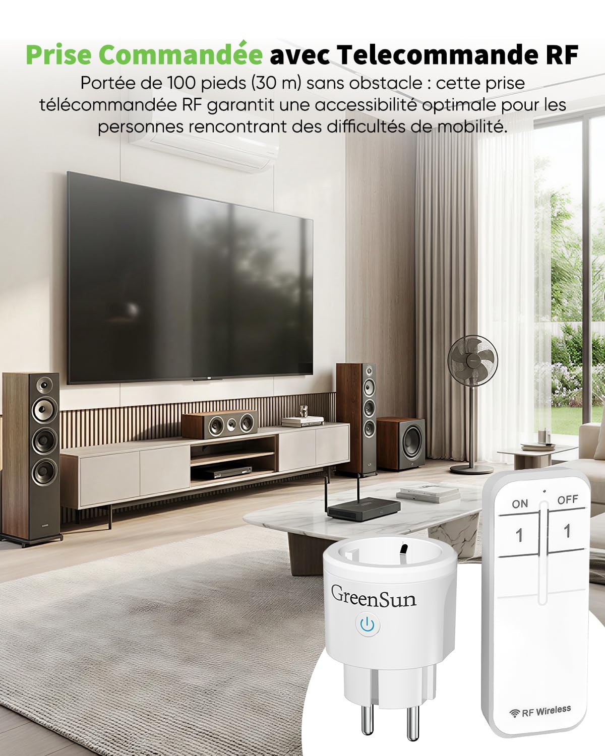 GreenSun Prise Telecommande Sans Fil - 30M 3680W Prise Connectée 16A Interrupteur avec Telecommande RF Smart Plug pour Lampe et Électroménager