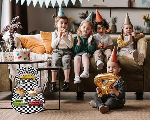 Miniatura 5 de 2 soportes para cupcakes de 3 niveles, dos decoraciones de cumpleaños rápidas, soporte para 24 cupcakes, para niños y niños, bandera a cuadros en