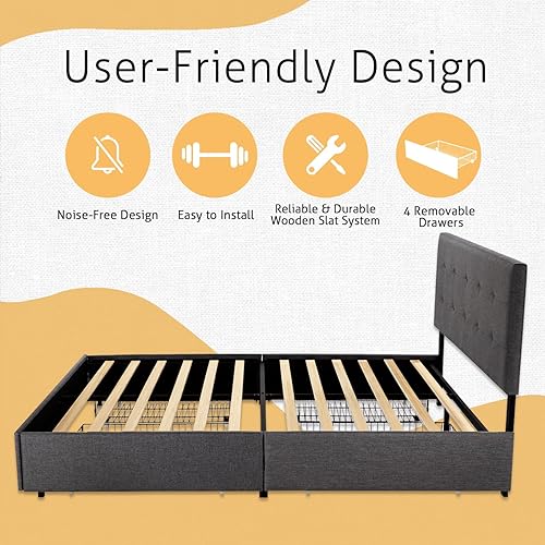 Miniatura 7 de SHA CERLIN Base de cama tapizada de tamaño matrimonial con cabecera ajustable y 4 cajones de almacenamiento debajo de la cama, no necesita somier,