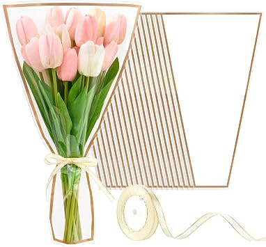 Mauproy 50 Pack White Flower Bags for Bouquets, 17.8 x 11.2 Inches Plastic Flower Sleeves Clear Front Floral Wraps with Ribbons for Graduation Florist Packaging Supplies