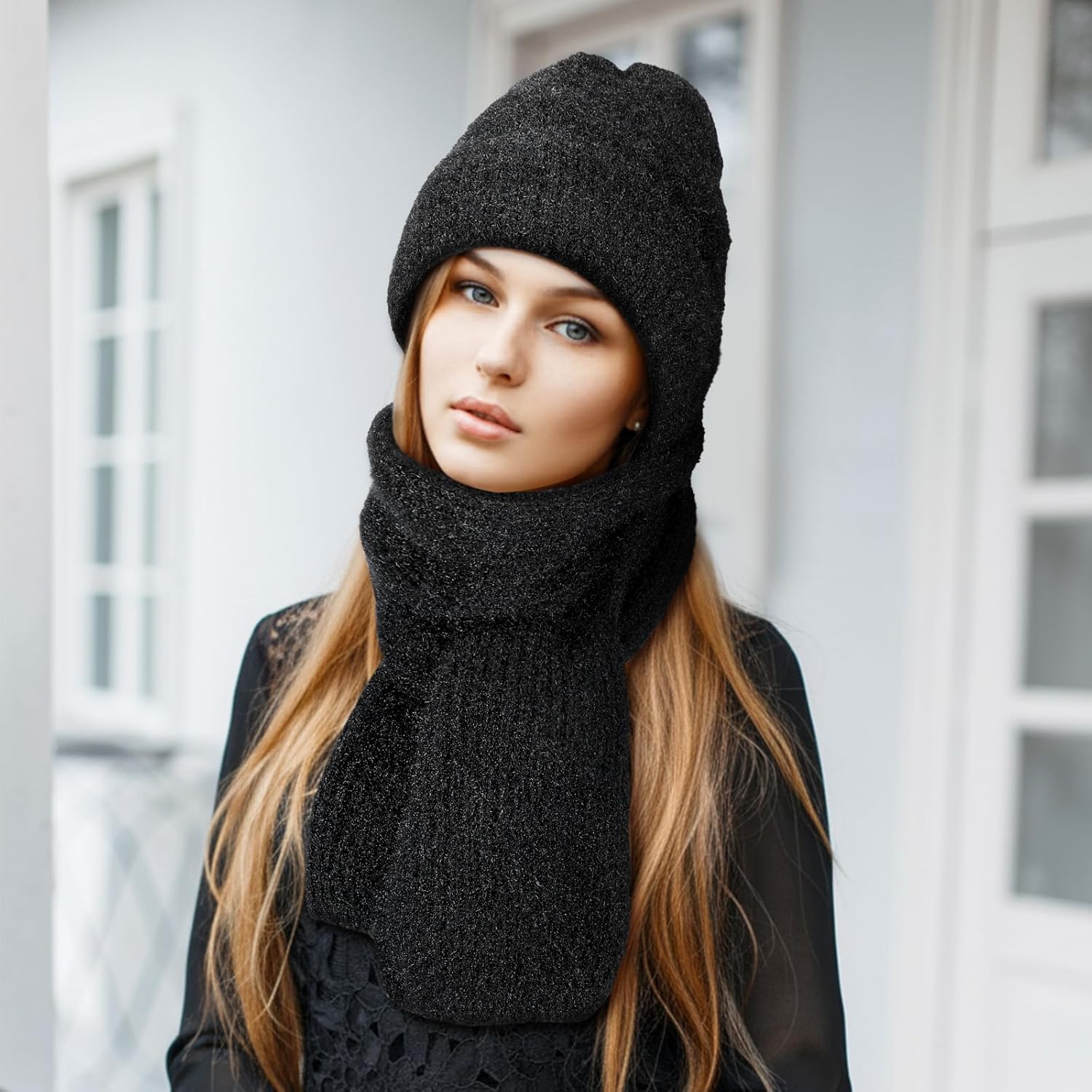 Shihanee 3 Pcs Hooded Scarf for Women Warm Winter Knitted Scarf Integrated Ear Protection Windproof Hat Elastic Knitting Thick Cap for Women - Image 5