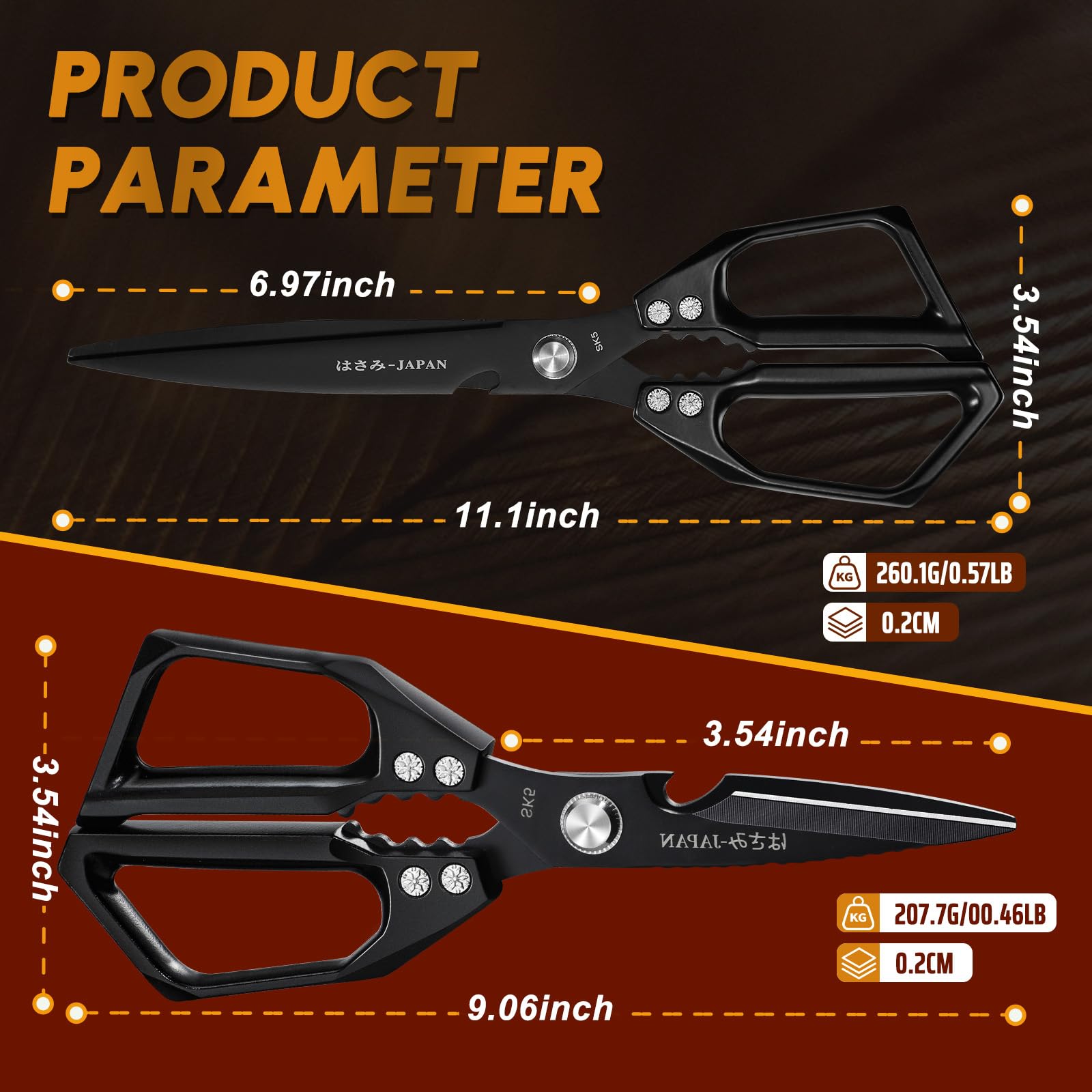 HUUSK Kitchen Scissors Set Black - Upgraded Stainless Steel Kitchen Shear, Sharp Meat Scissors, Heavy Duty Poultry Shears, Japanese Cooking Scissor for Food, Chicken Bones, and Turkey, Dishwasher Safe