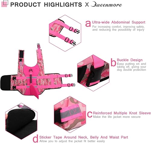 Miniatura 4 de Queenmore Chaleco salvavidas para perros Ripstop, chaleco de seguridad ajustable con alta flotabilidad y asa de rescate duradera para perros