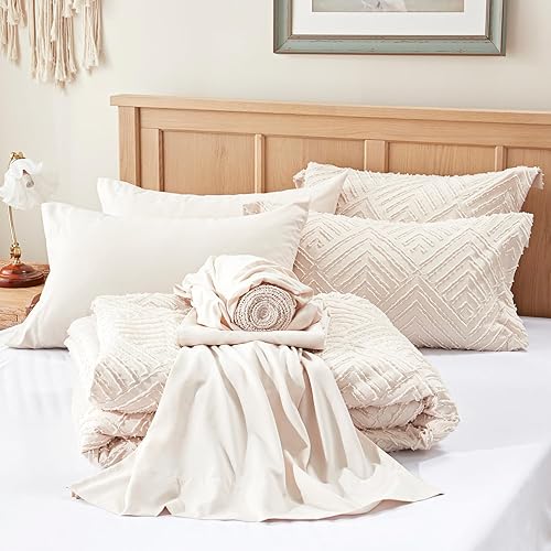 Miniatura 7 de Zzlpp Juego de edredón tamaño matrimonial de 7 piezas, cama copetuda beige en una bolsa con edredón y sábanas, juegos de ropa de cama para todas las