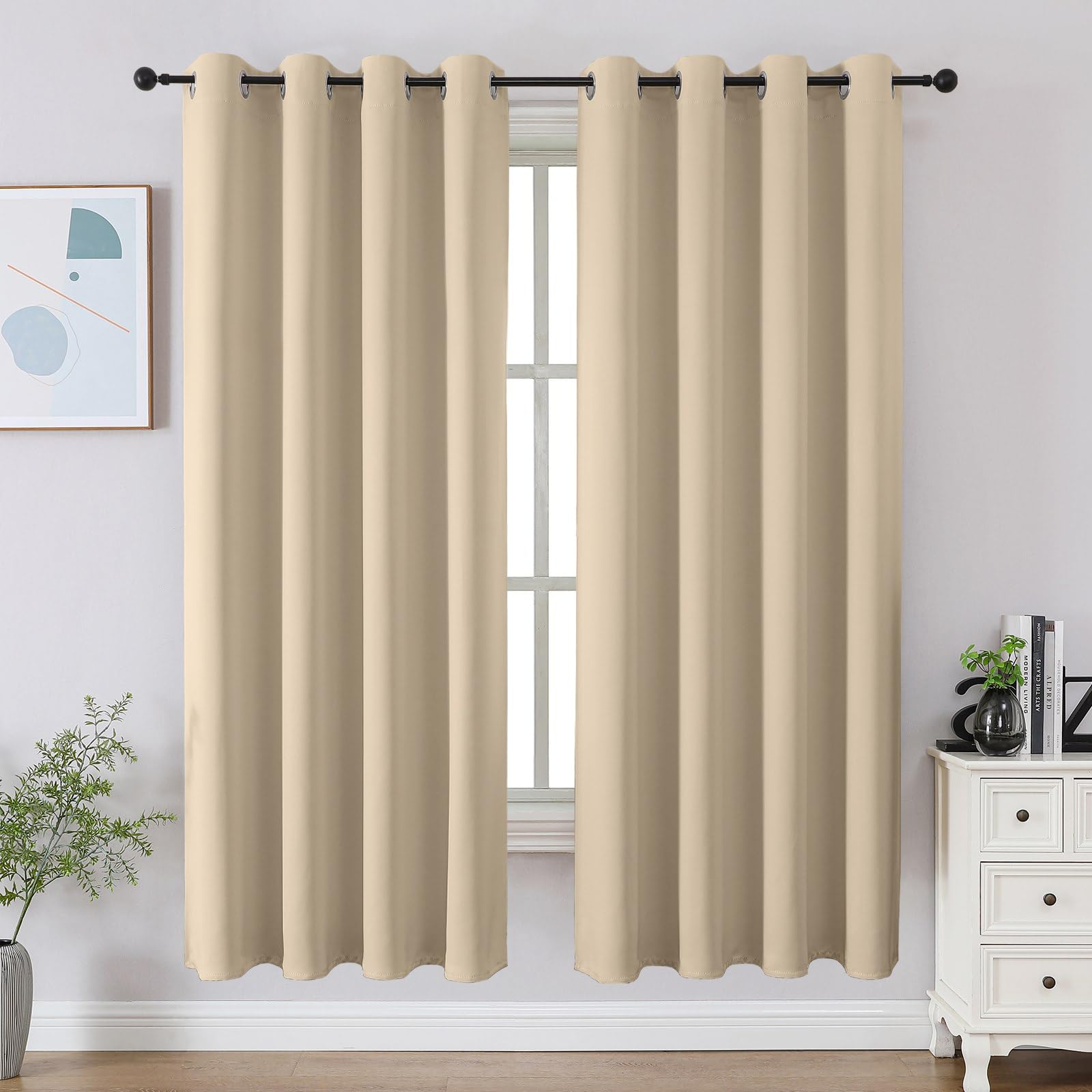 CUCRAF Light Beige Blackout Curtains 63 inch Length 2 Panels Set, Room Darkening Drapes for Living Room Bedroom, Thermal Insulated Light Blocking Grommet Window Curtain (W52 x L63 Inch)