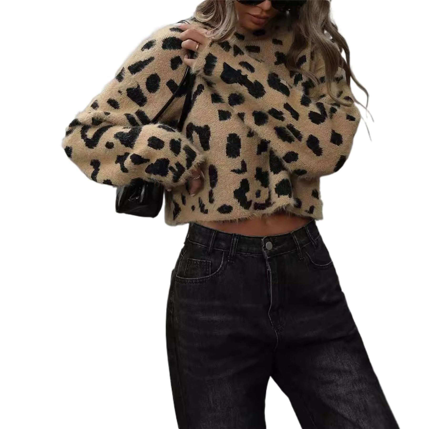 LRF Leopard Print Fuzzy Knitted Sweater Long Sleeve Cropped Sexy Y2k Casual Trendy Pullover