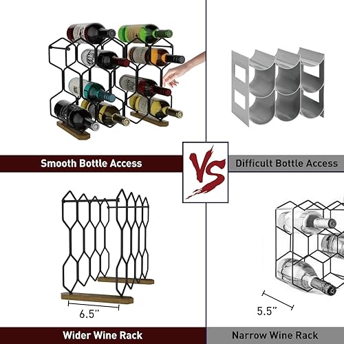 Miniatura 4 de Buruis Estante de vino para encimera con base de acacia, soporte de metal moderno independiente para 14 botellas para vino tinto y blanco, mesa,