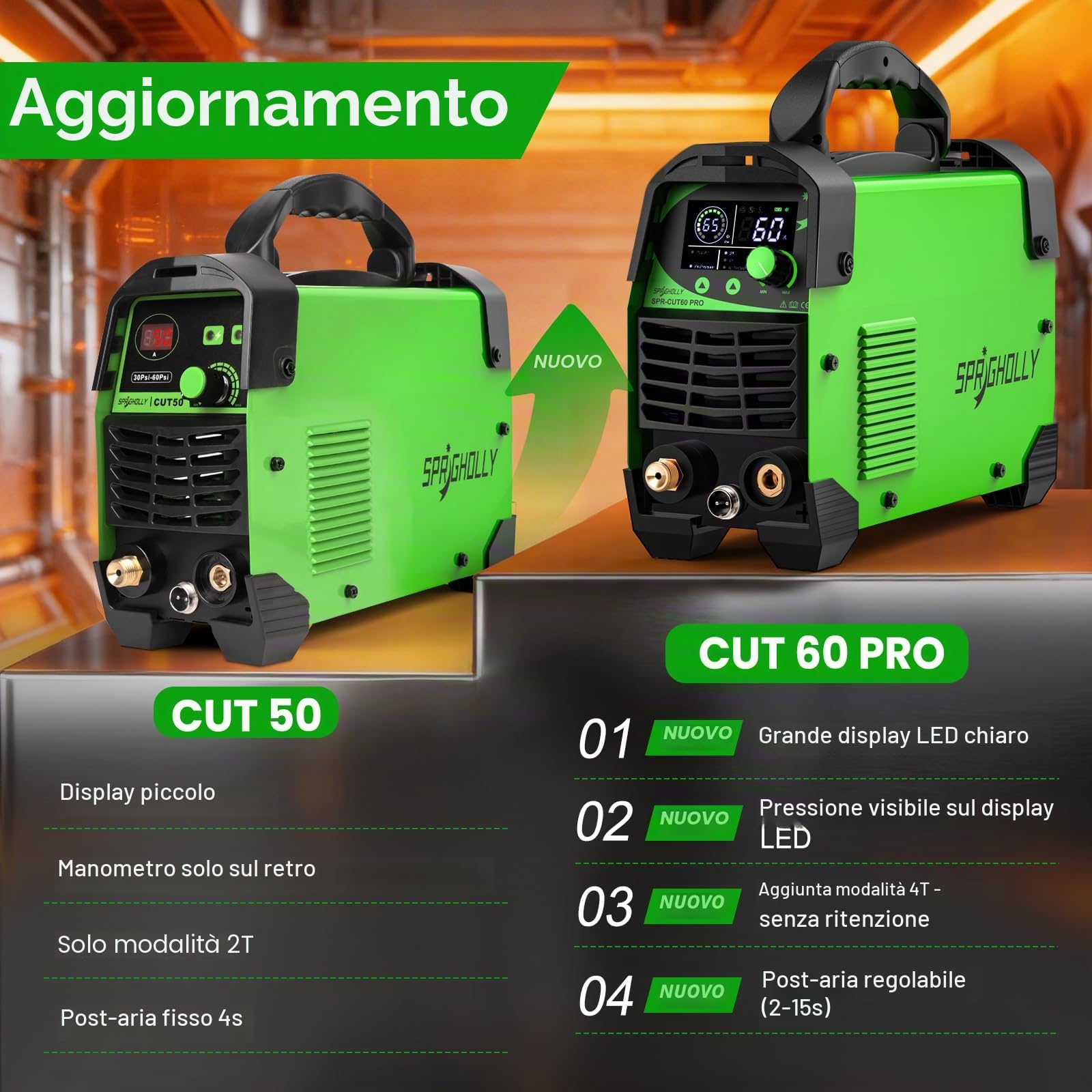 CUT60 PRO 60A IGBT Taglierina al Plasma 240V - Taglio max acciaio 16mm, taglio pulito 10mm - Display LED digitale, modalità 2T/4T, protezione sovraccarico, avvio facile