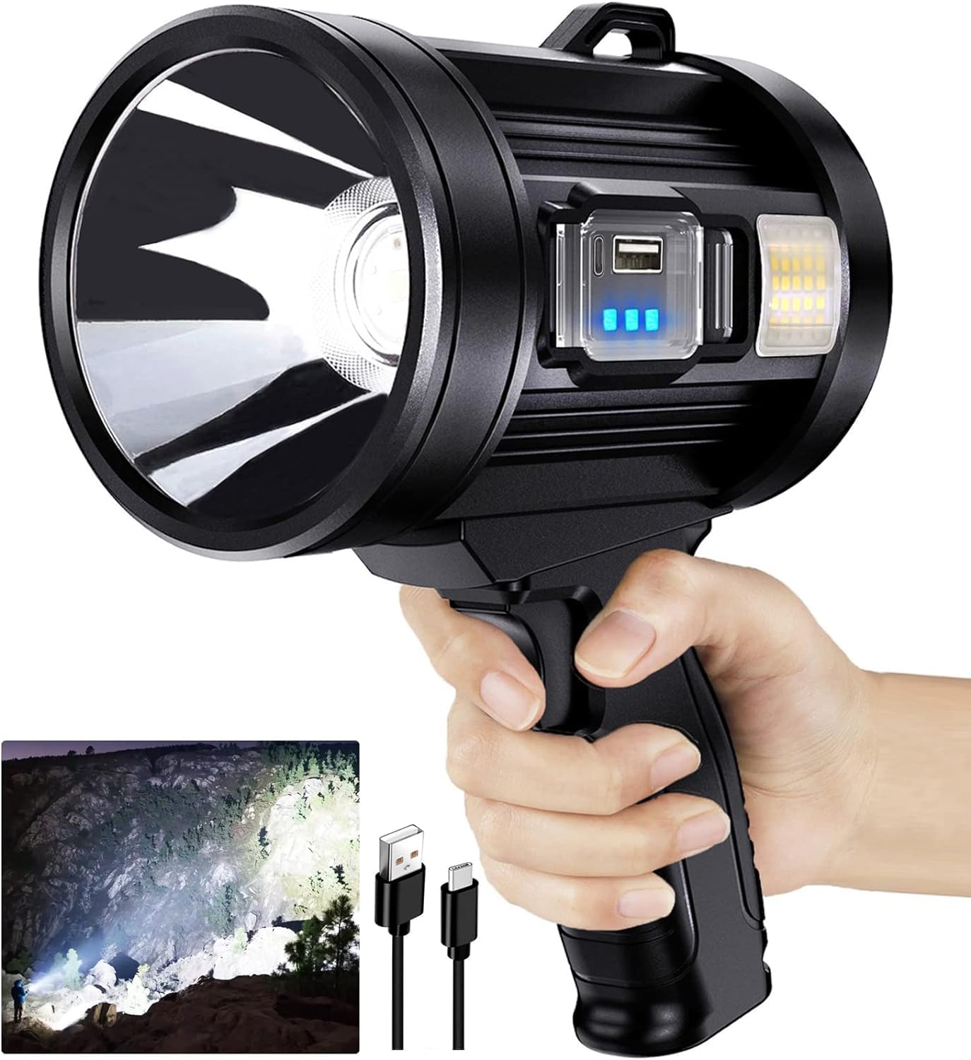 Spotlight Flashlight, 900000 Lumens Brightest LED Rechargeable Spotlights, Long Running Spot Light Searchlight, Outdoor Handheld Spotlight with Solar Panels for Hunting, Camping, 6 Spotlight Modes (B0CXDYVFHP) Amazon Price History, Amazon Price Tracker