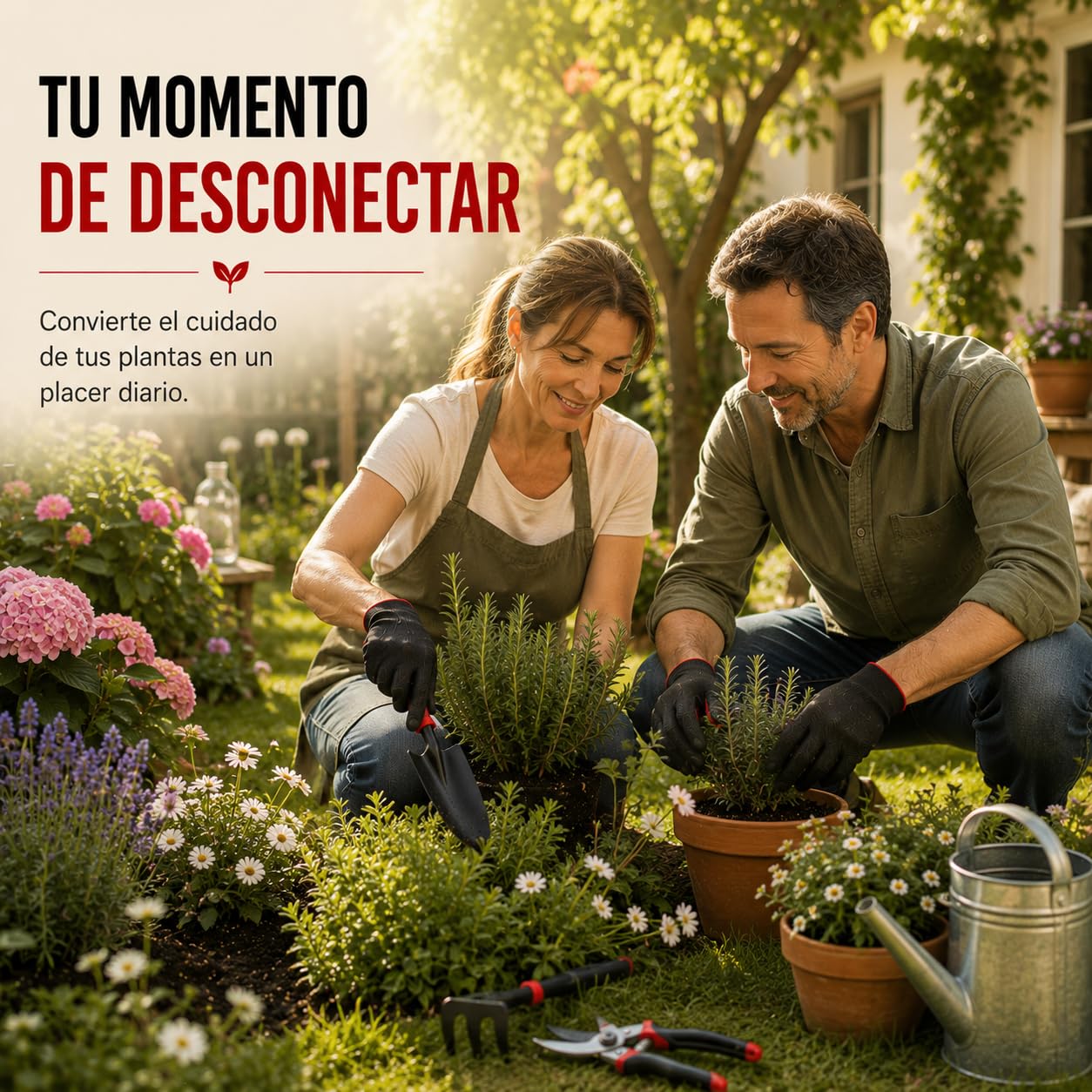 Kit 5 Herramientas de Jardinería de Metal Que Incluye Tijeras de Podar, Pala Trasplantadora, Rastrillo, Azada Doble y Guantes | Kit jardineria para Jardín, Huerto Urbano y Terraza (Rojo/Negro)