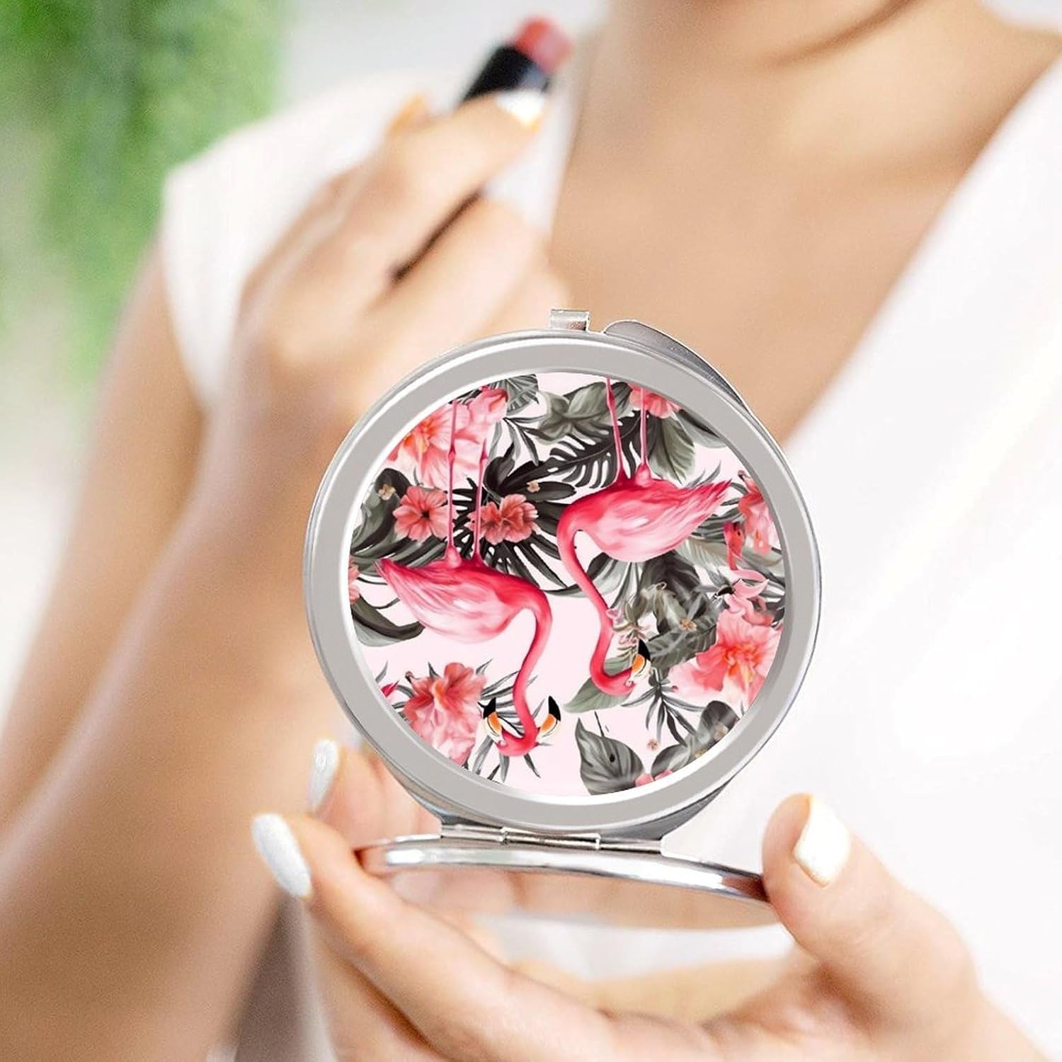 Travel Flamingo Floral Printed Makeup Mirror Compact Pocket Vanity Mirror Double-Sided 2X /1x Magnifying Round Folding Handheld Cosmetic Beauty Mirrors for Purse Handbag image 4