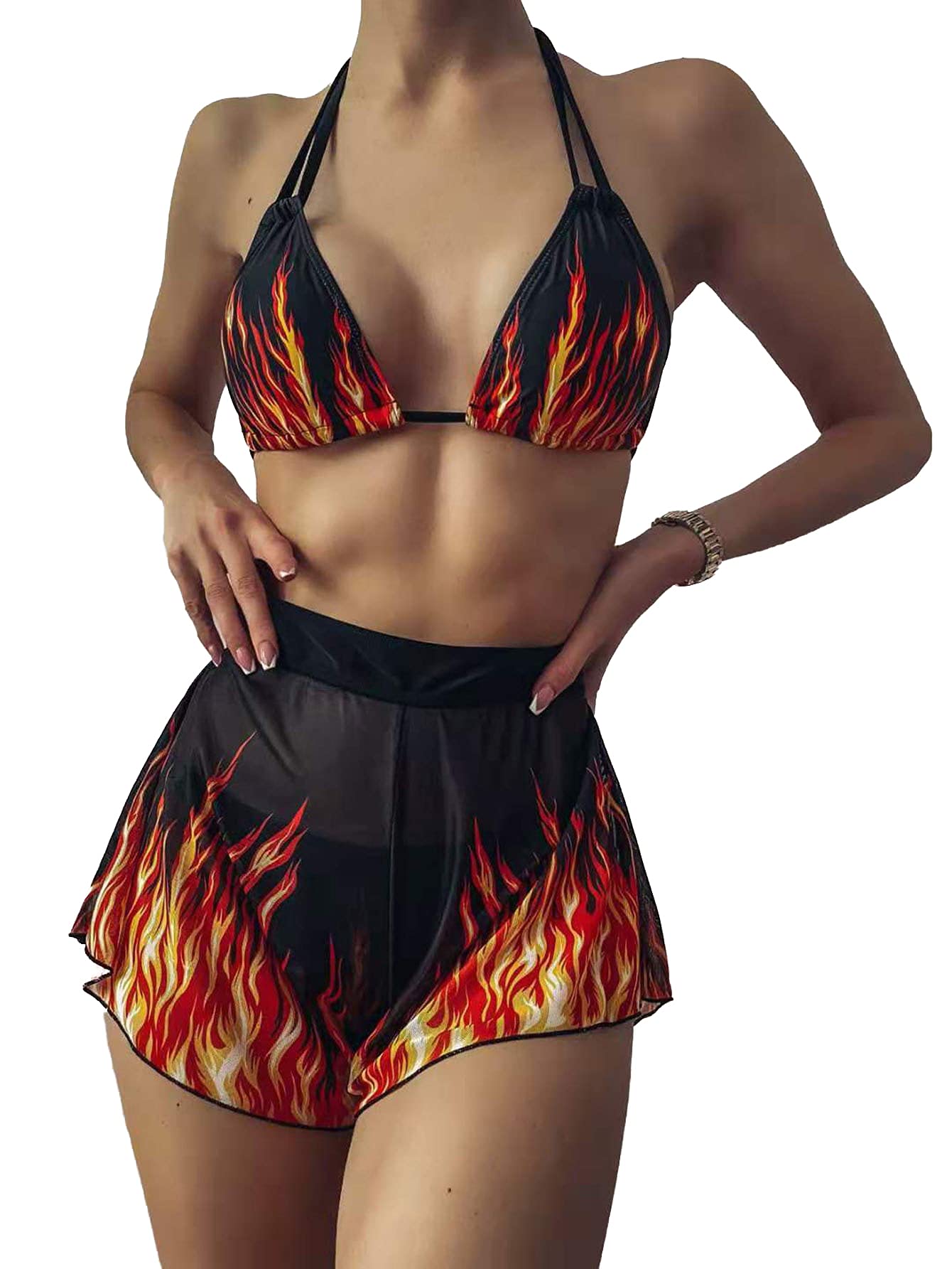 Romwe Women's Dragon Print Halter Bikini Set Triangle String 3 Piece Swimsuit with Shorts