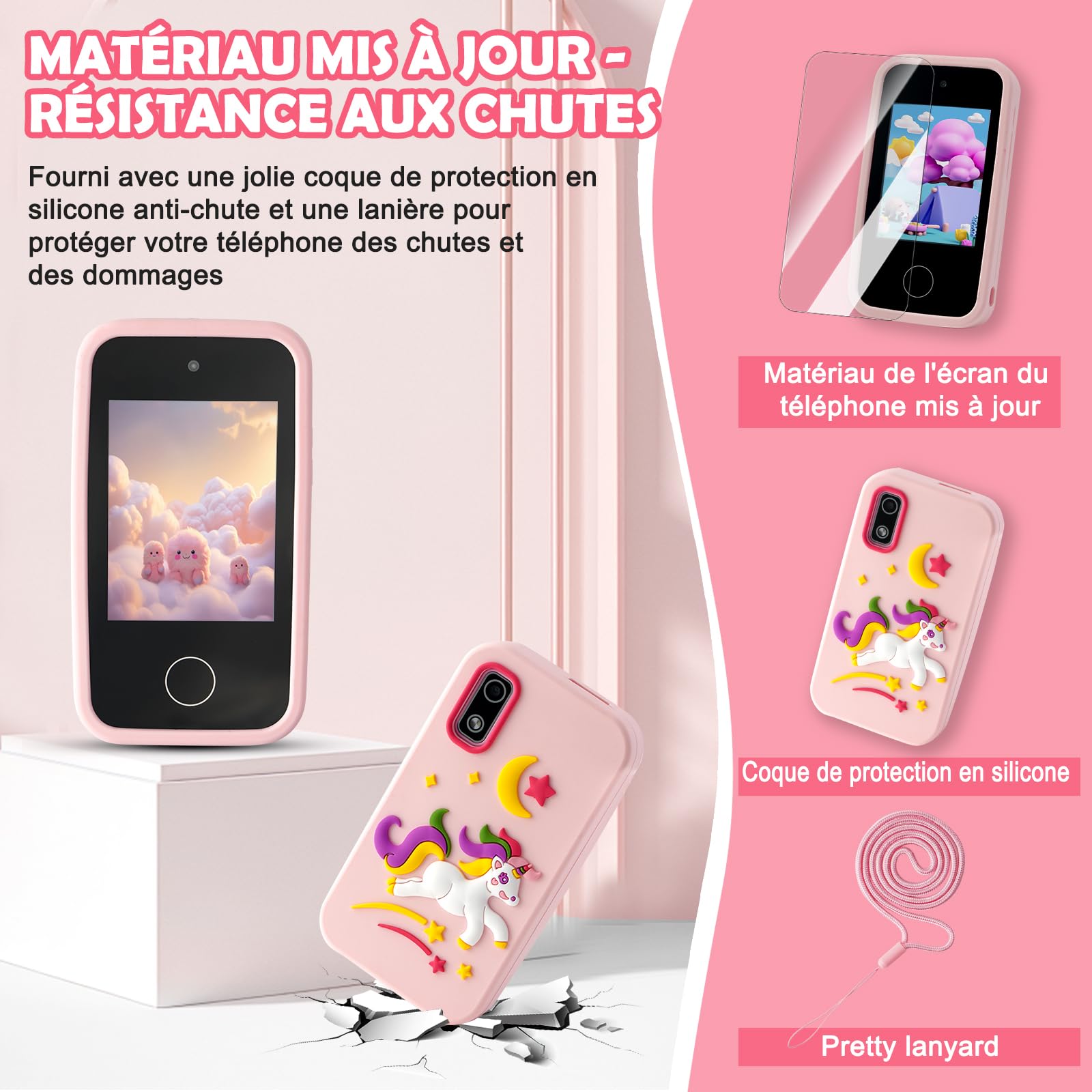 Téléphone Portable pour Enfants, Smartphone Enfant Jouets Enfant de 3, 4, 5, 6, 7 et 8 Ans avec Double Caméra d'enfants 2,8 Pouces Jouet éducatif Cadeau pour Filles de 3 à 8 Ans