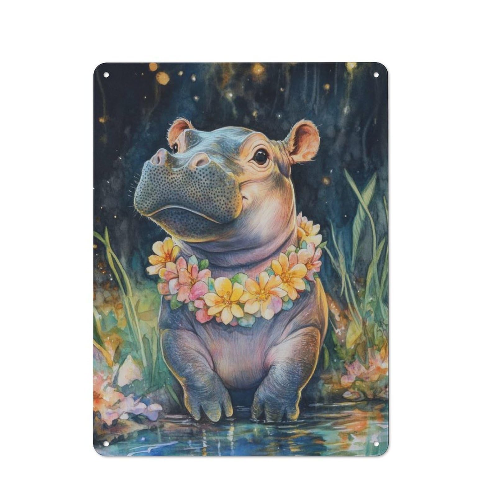 Junmoney Smiling Hippo With Flowers Metal Plaque 40X30cm With For Garage Wall, Rustic Decor, For Vintage Wall Decor Fans, For Themed Room Decoration