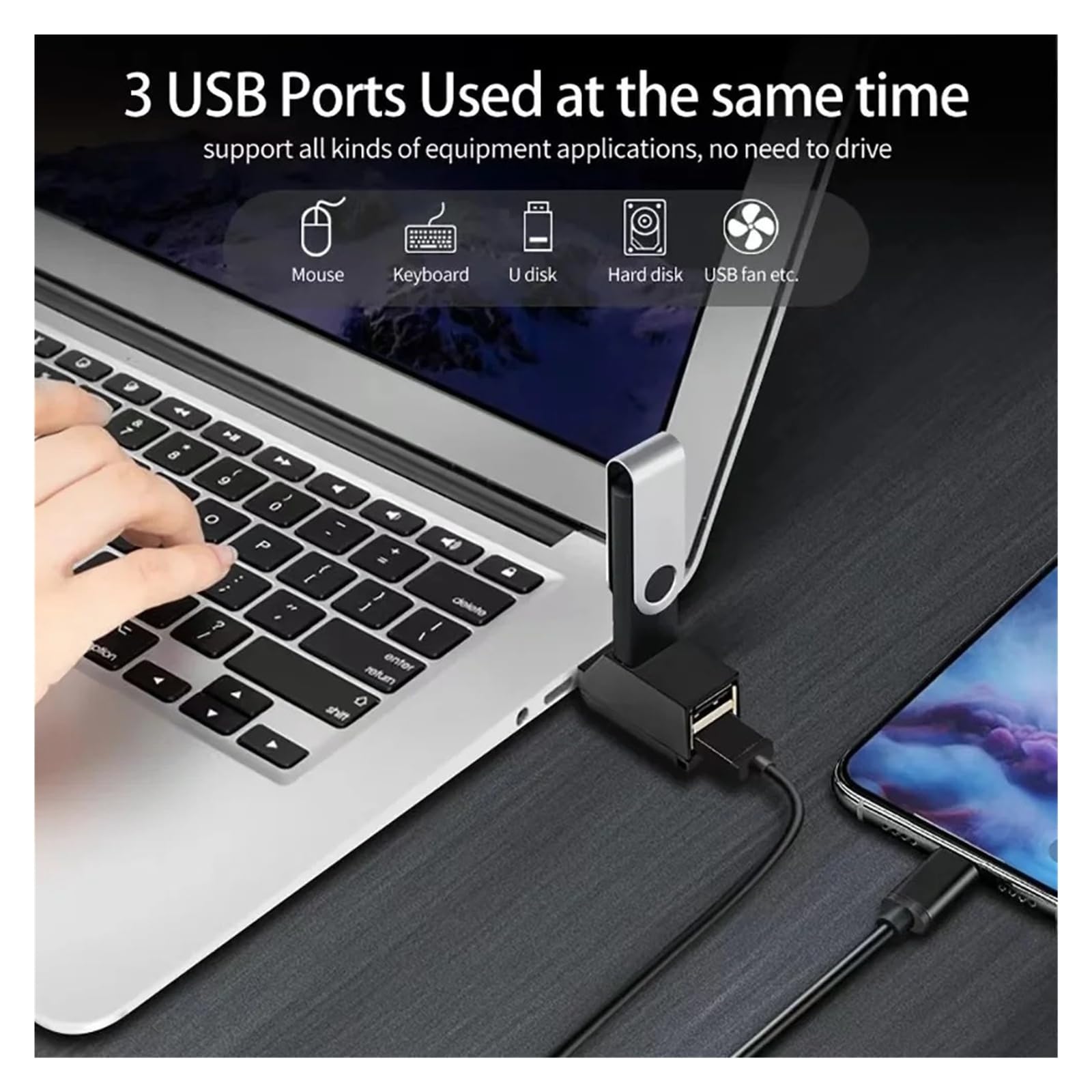 Splitter hub USB 3.0 a 3 porte 5 Gbps, adattatore multi USB per PC portatile con supporto di ricarica