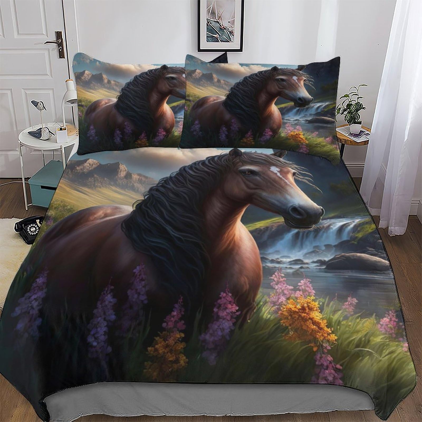 Housse de couette cheval 3D king size 220x240cm lit adulte microfibre confortable