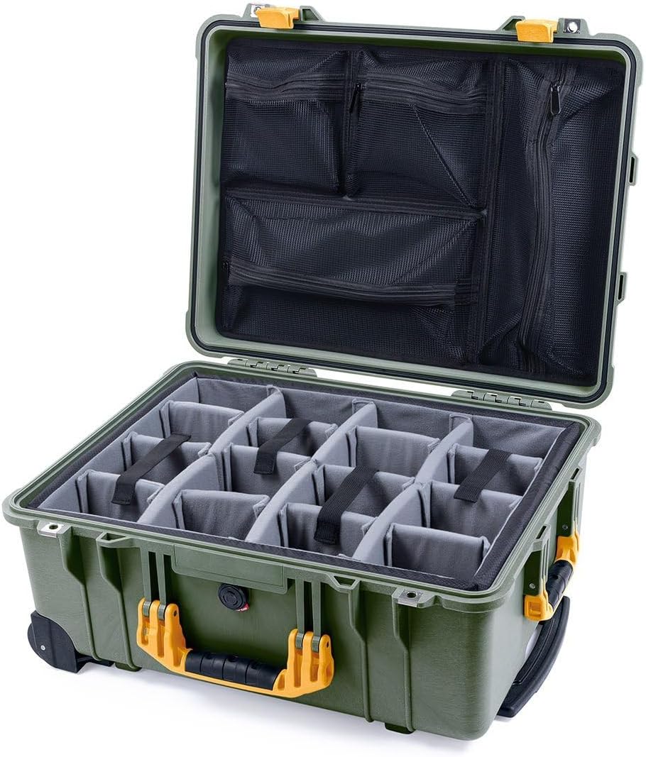 OD Green Pelican 1560 protector case. Comes with Grey Padded Dividers & Mesh Lid Organizer.