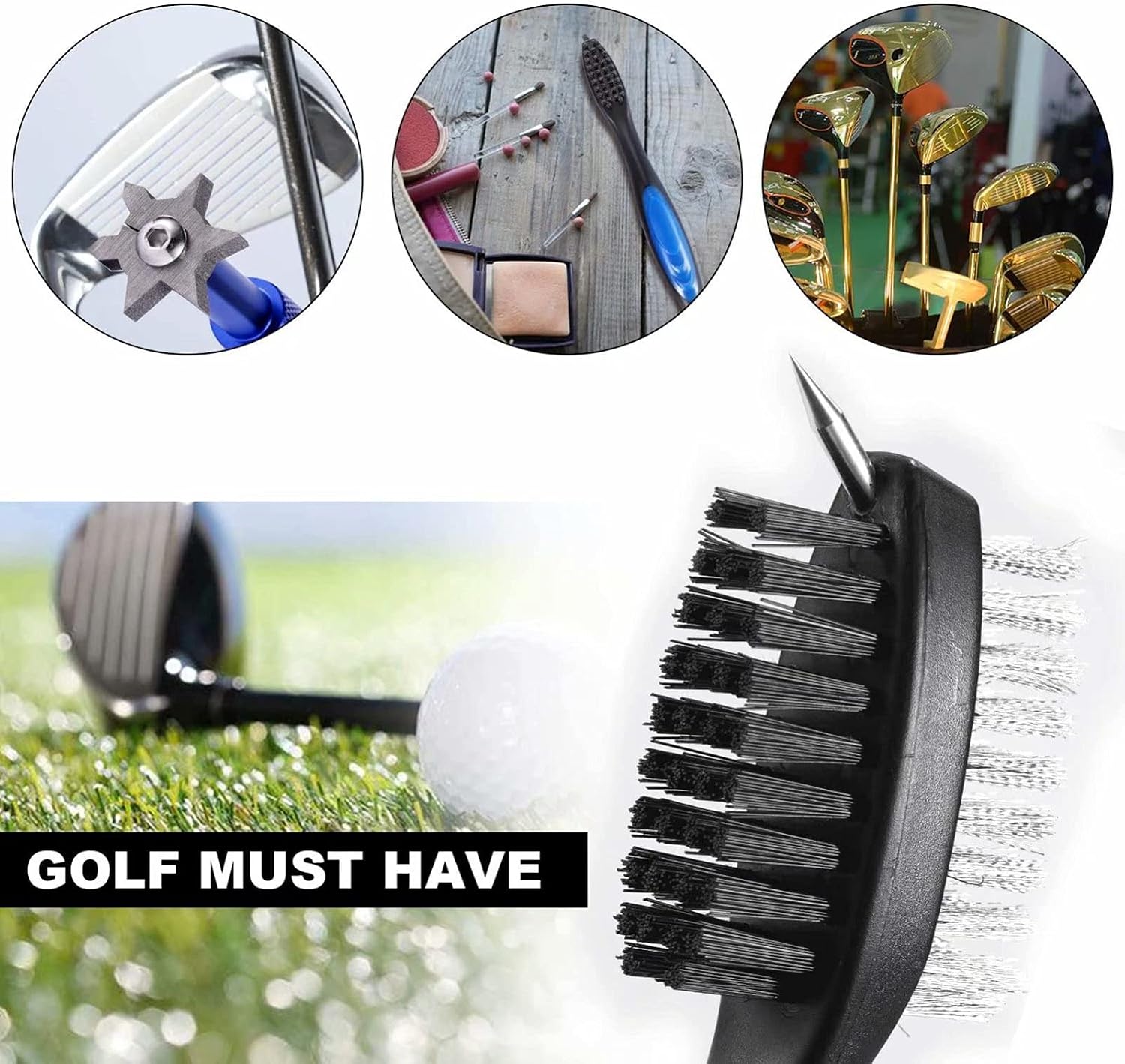 Golf Clubs Brush Kit All Metal Foldable Golf Divot Tool Pop up Button & Magnetic Ball Marker Premium Dual Sided Nylon Brush Steel Brush with Retractable Zip-line and Aluminum Carabiner Cleaning Tools