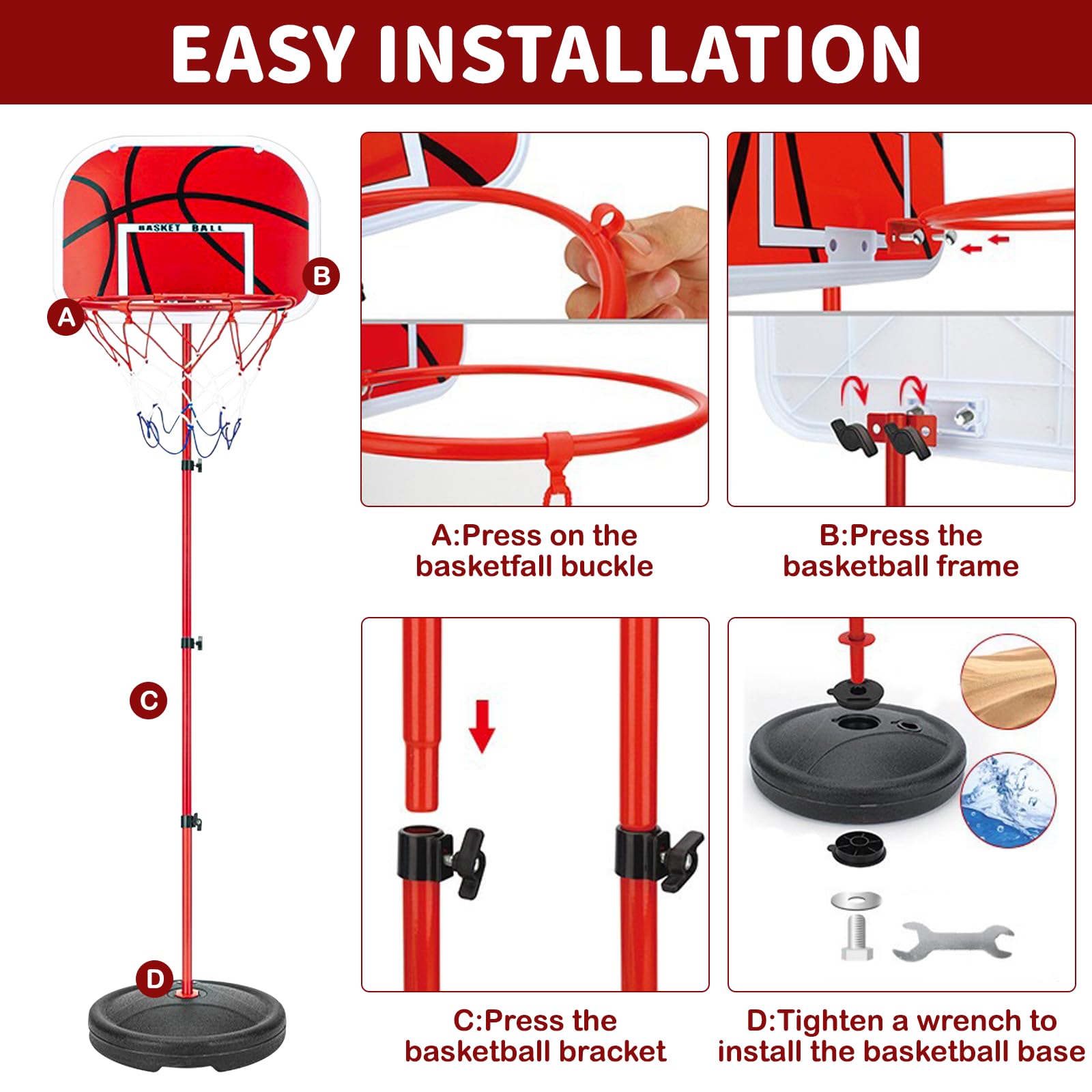Canasta Baloncesto Infantil,Aro de Baloncesto para Niños Incluir 3 Bolas,2Red,Bomba,Altura Ajustable de 50 a 150 cm,Aro de Baloncesto para Interior y Exterior para Niños de 2 a 6 Años