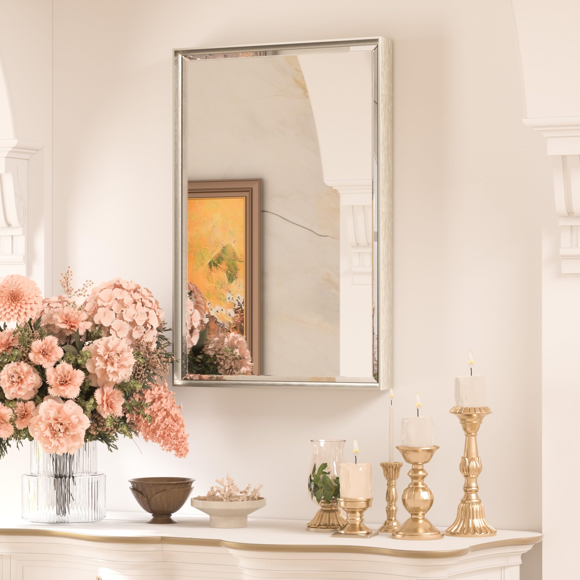 Miroir de salle de bain luxe avec cadre biseauté en nickel brossé