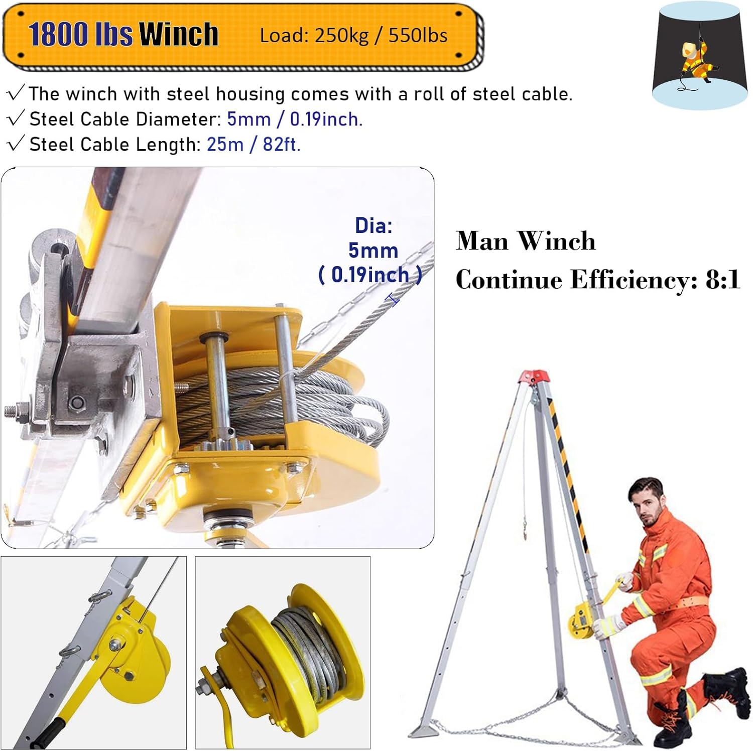 Confined Space Entry Kit 1200lbs 1800lbs 2600lbs, Lifting and Rescue Tripod with Safe Belt & 2 Carry Bags, Aluminum Retractable Legs, Well/Tunnel/Sewers/Cellar (Size : 1800lbs(82' Winch))