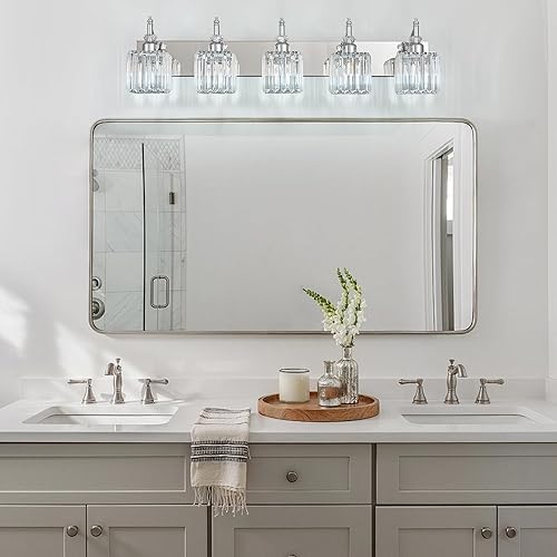 Miniatura 3 de Luces de tocador de cristal cromadas 5 lámparas de baño sobre espejo moderno para baño