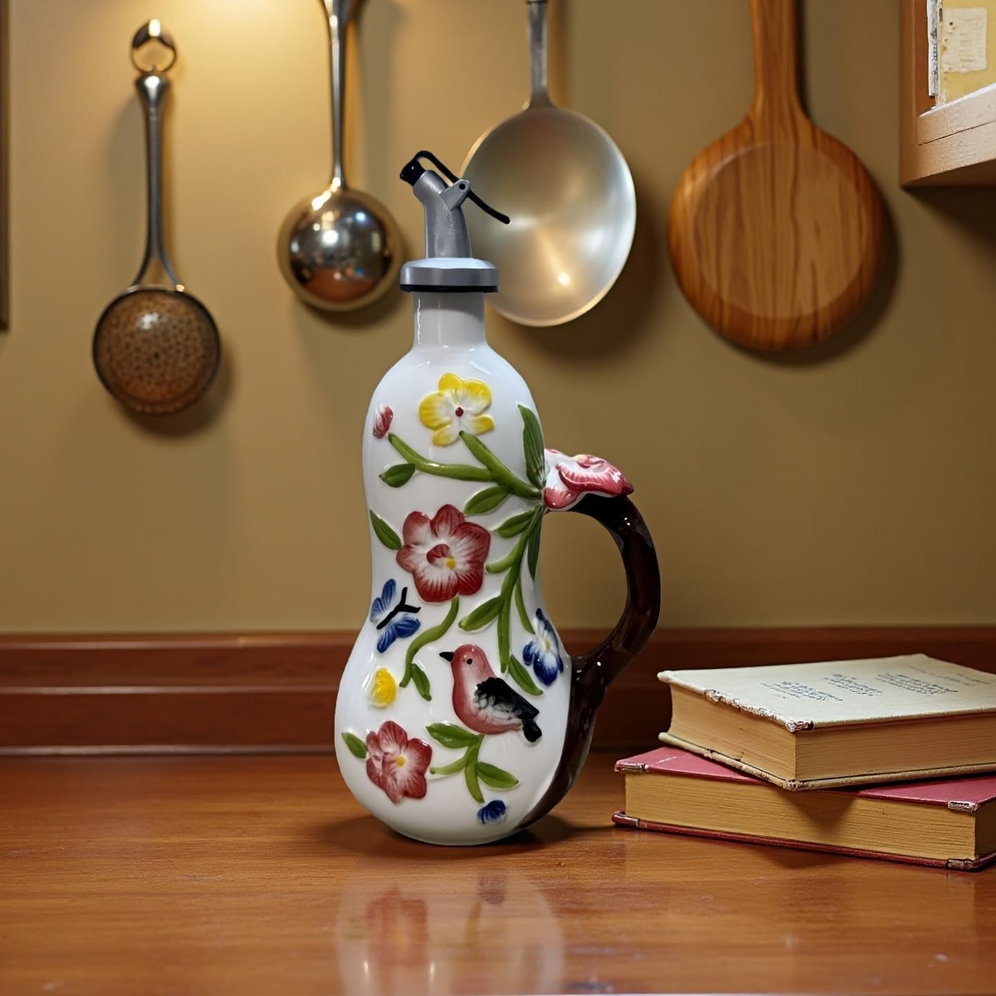 18.26oz/540ml Decorative Olive Oil Dispenser Bottle for Kitchen,Hand Painted Relief Ceramic Olive Oil Bottle,Ceramic Oil Container (Handmade Flowers) image 3