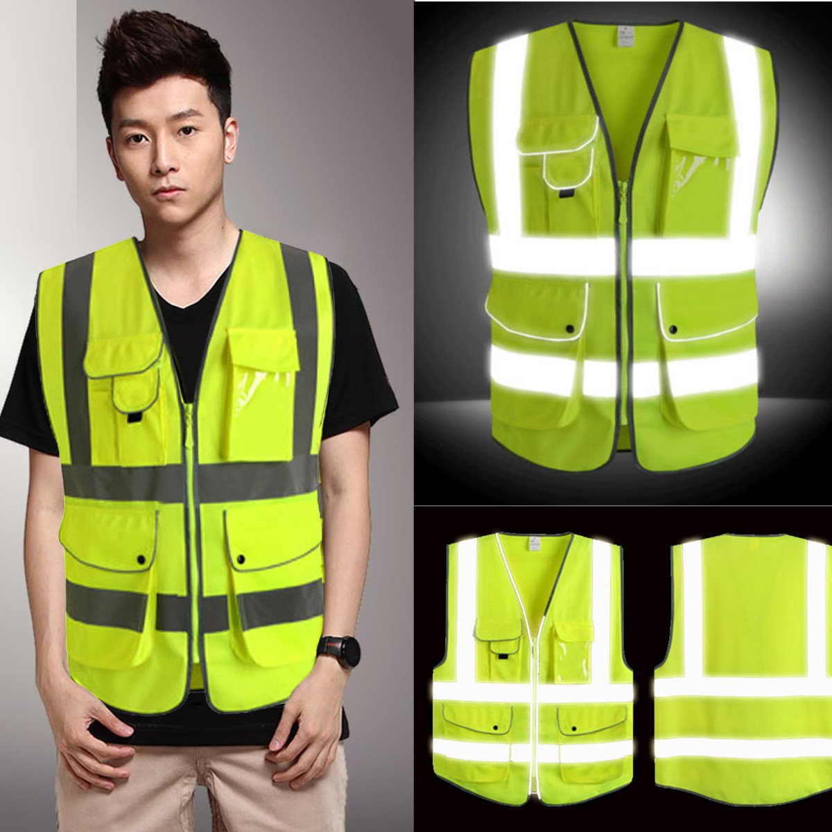 RanDal Vert Unisexe Haute Visibilité Réfléchissant Multi Poches Construction Gilet De Sécurité - M
