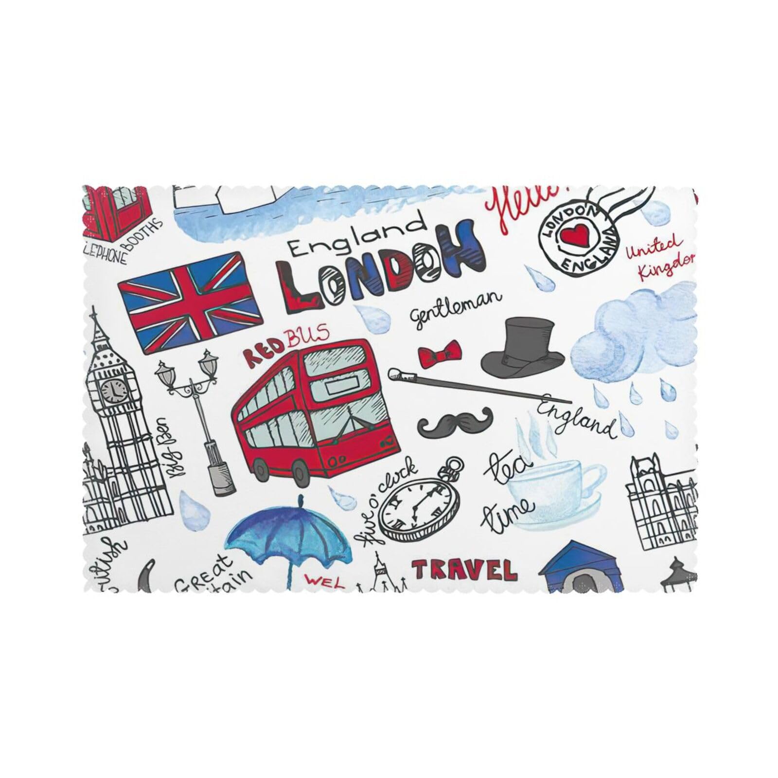London Print Placemats for Dining Table Set of 6 12x18 Inch Table Mats for Party Kitchen Dining.