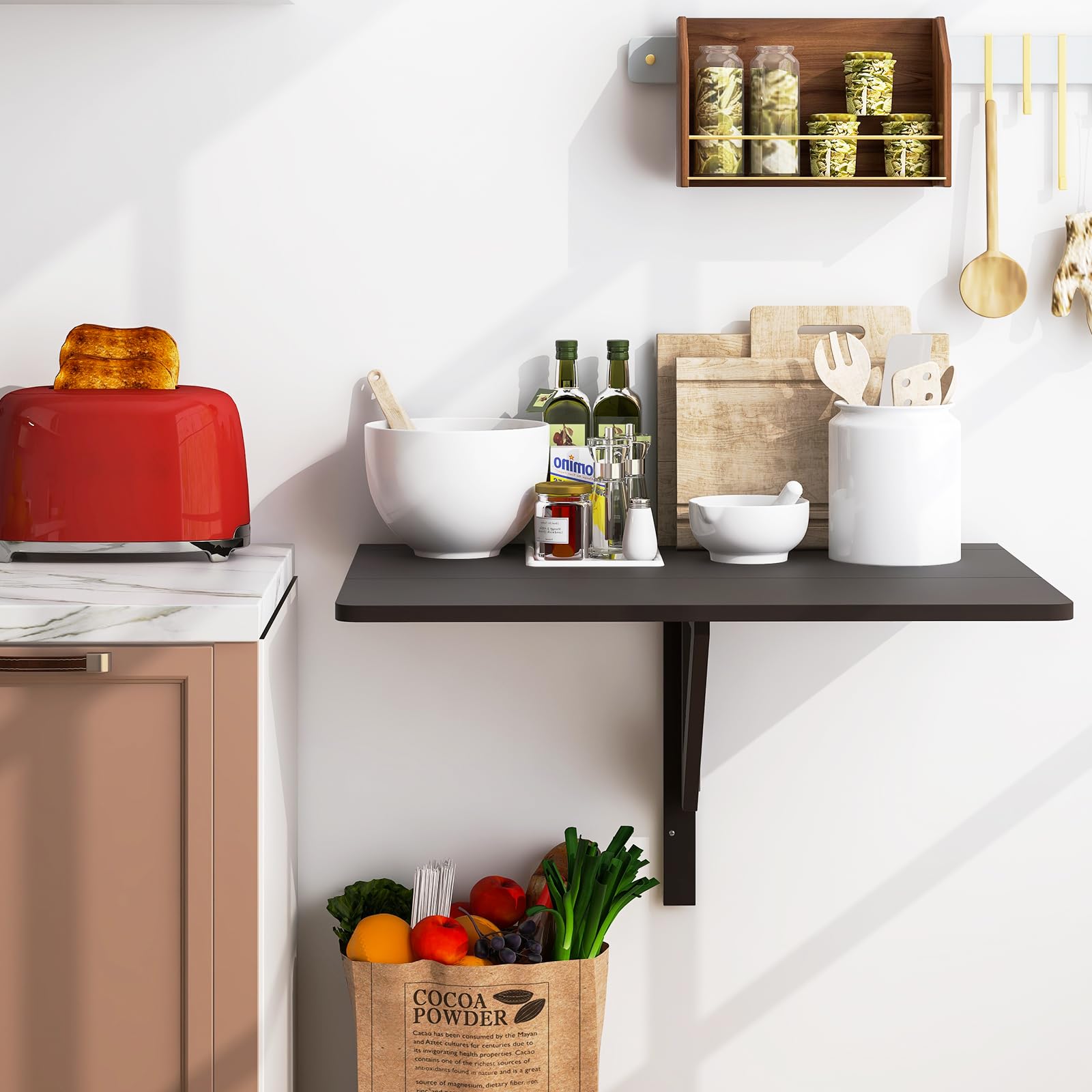 COSTWAY Tavolo Pieghevole a Muro, Tavolino Porta PC da Parete in Legno, Tavolo a Scomparsa Multifunzionale, Ideale per Soggiorno, Cucina e Studio, 80 x 60 x 45 cm (Marrone)
