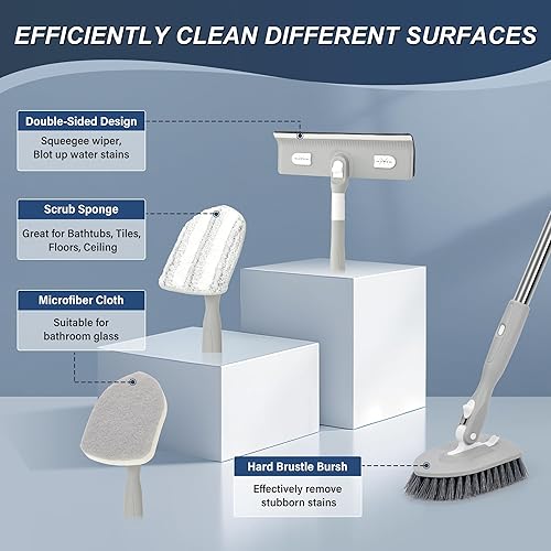 Miniatura 3 de Limpiador de suelos de azulejos con mango largo, juego de cepillos de ducha 5 en 1 para baño, cocina, paredes, fregadero, incluye raspador de
