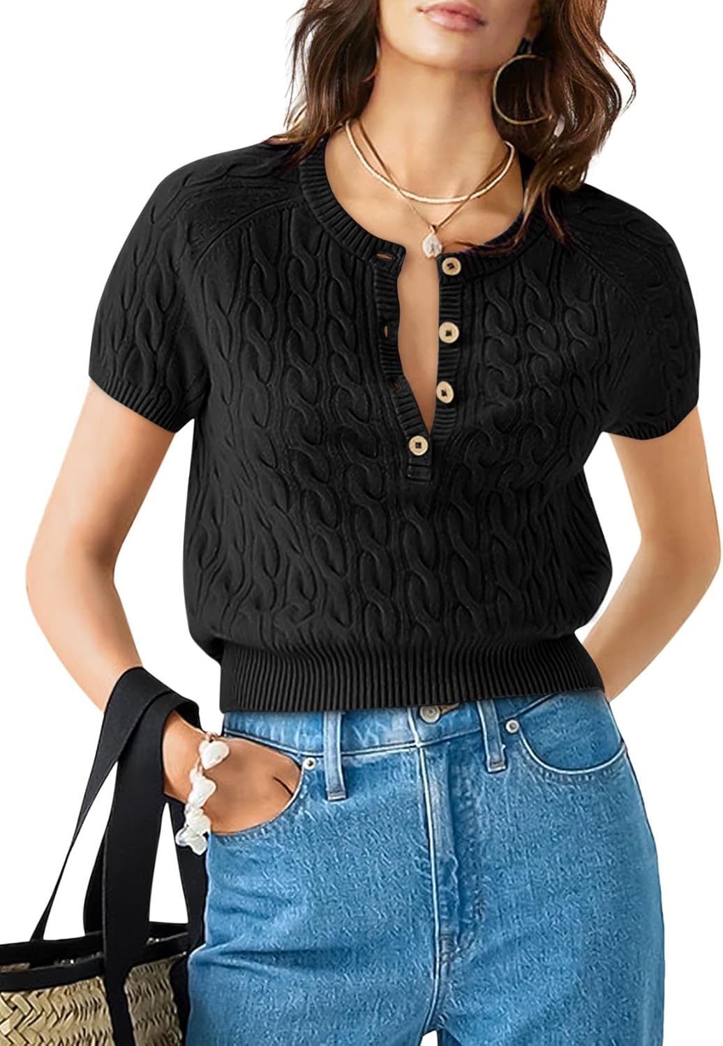 Yousify Oversized Sweaters for Women Short Sleeve Crewneck Knit Sweater Summer Black 2XL