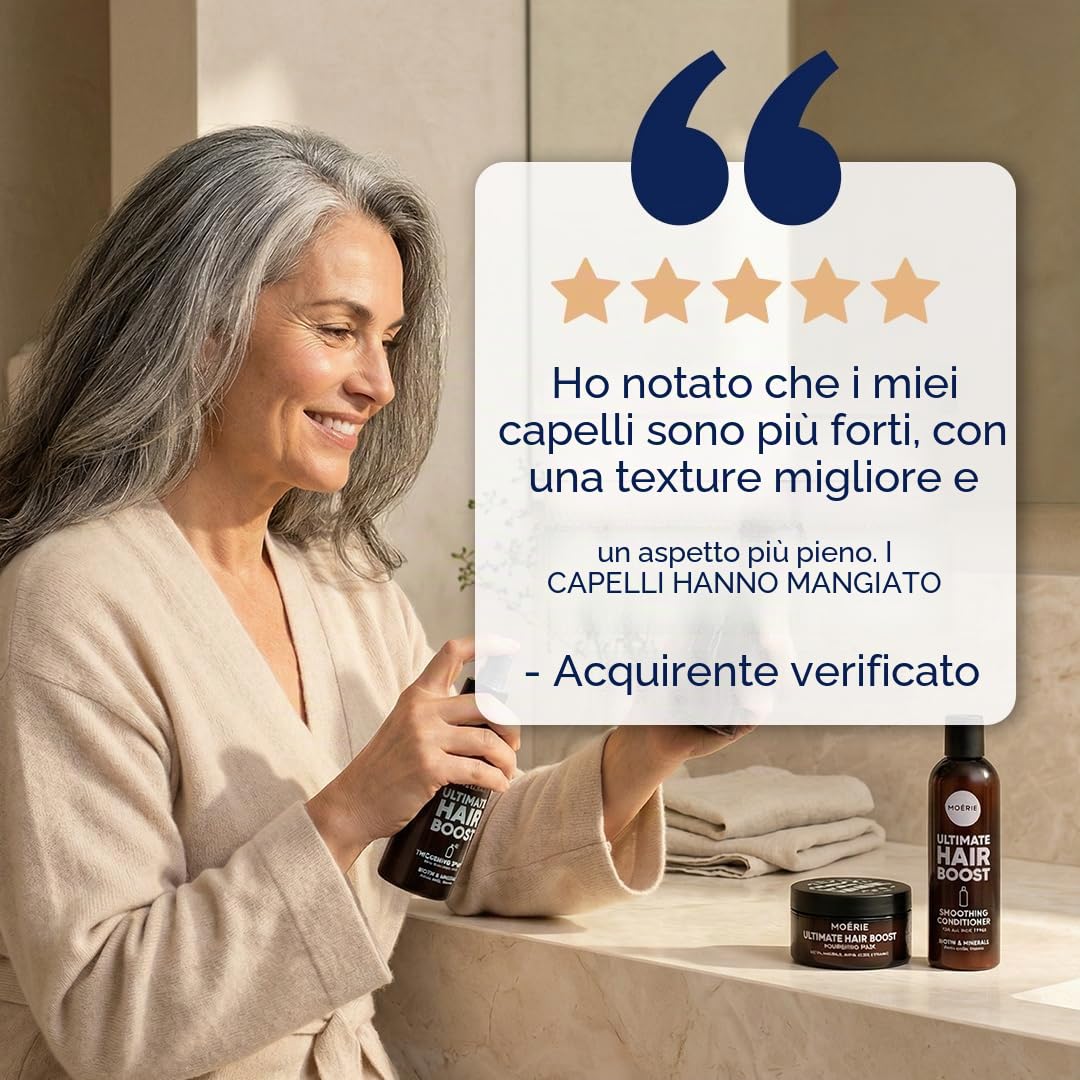 Set capelli Moérie shampoo e balsamo con maschera e spray, prodotti per crescita capelli premium, per capelli più lunghi e folti, prodotti volumizzanti capelli senza parabeni/silicone, 8 articoli