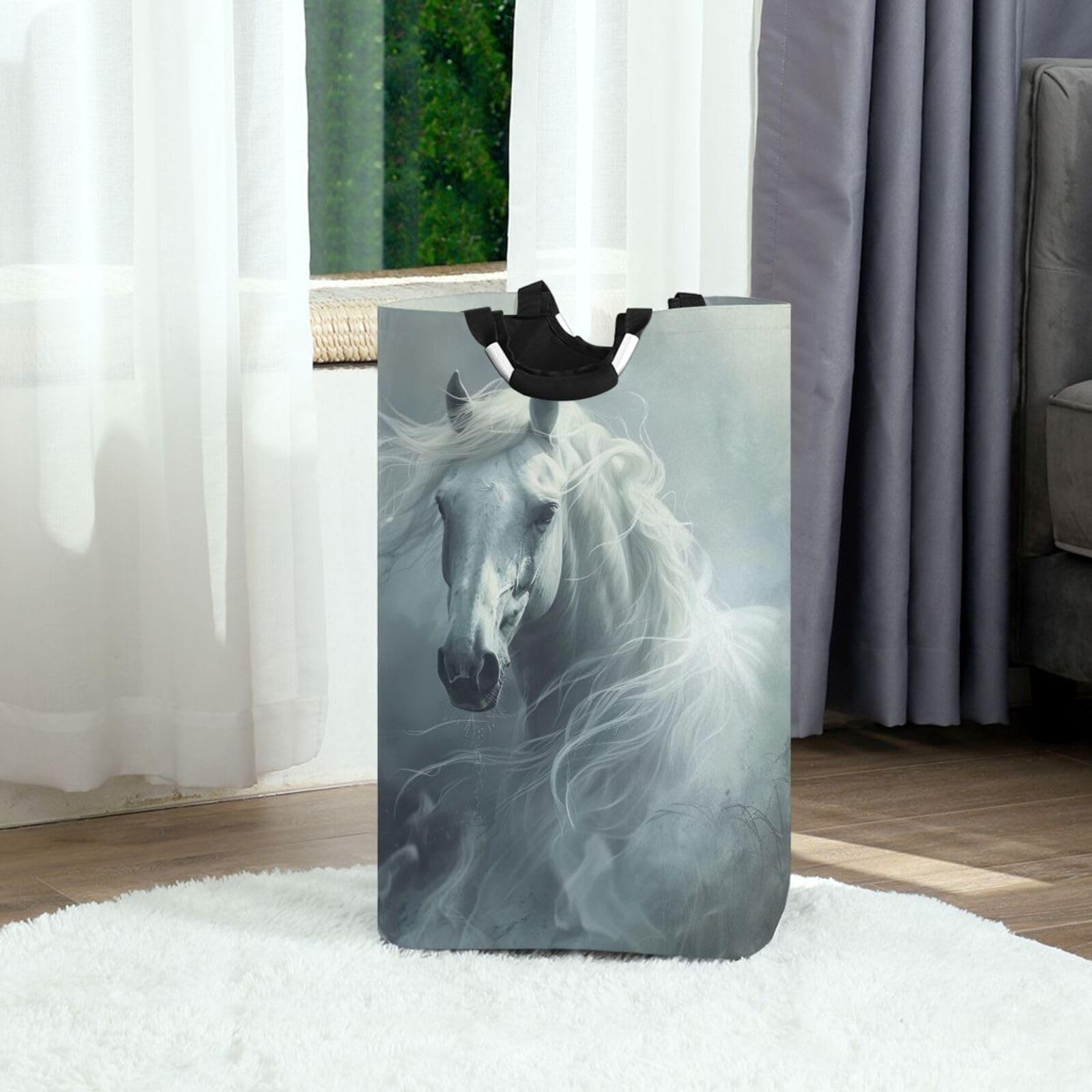 Jihqo Laundry Hamper Basket White Horse in Mist Collapsible Nursery Storage Bin Waterproof Clothing Baskets for Home Bedroom Bathroom Washing Room