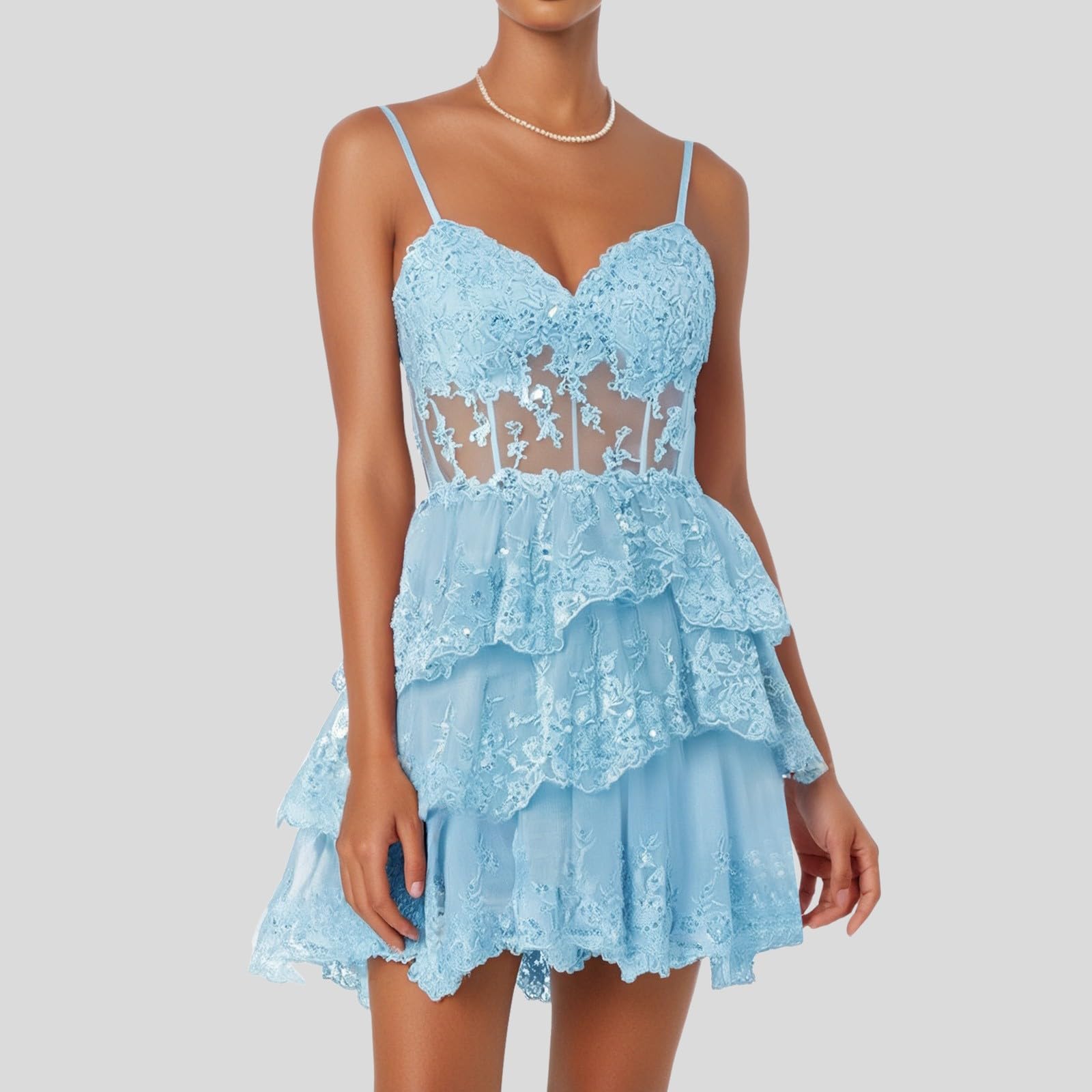 Vestido de Formal para Mujer con Aplicaciones de Encaje y Diseño Escalonado en Línea A