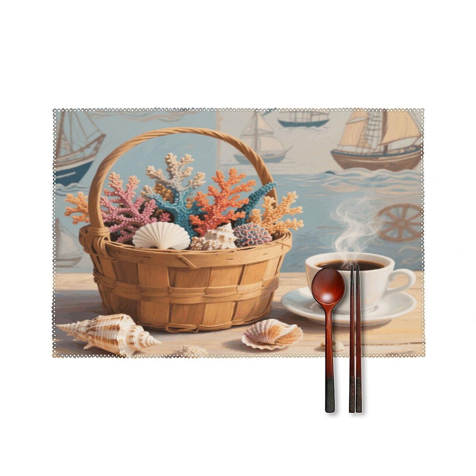 Nautical Coral Seashells Placemats Set of 4 Heat Resistant Non-Slip Place Mats for Dining Table Washable Placemat Wipeable Dining Table Mat Canvas Place Mats Dining Table Decor