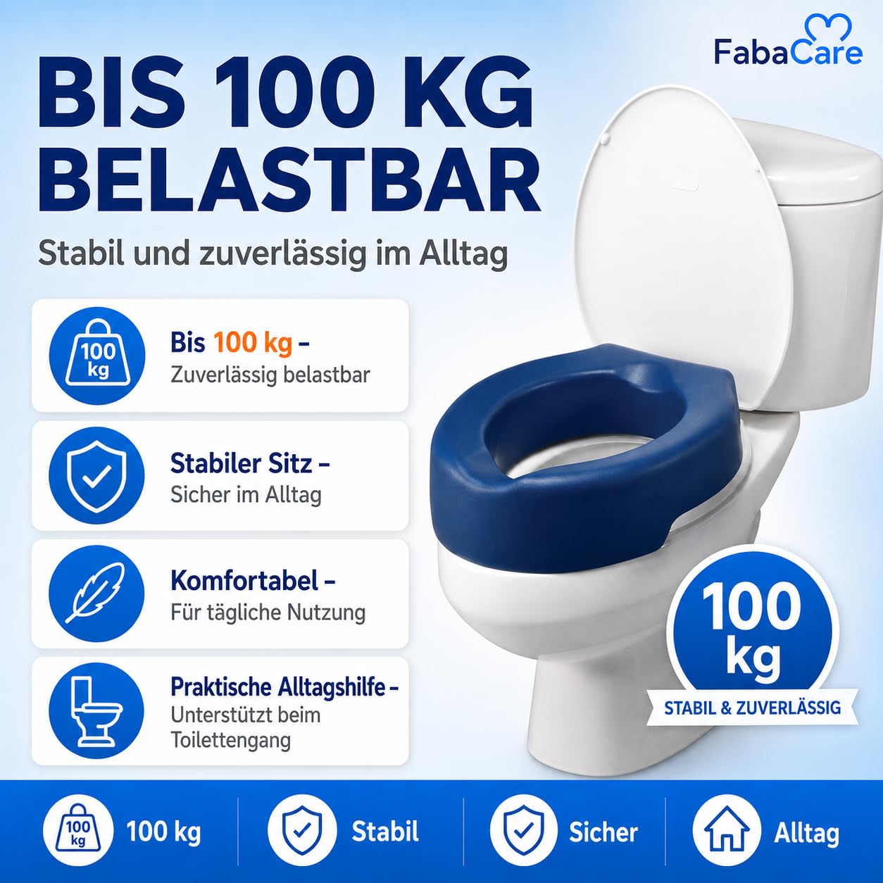 FabaCare Toilettensitzerhöhung Conti Soft, weicher Toilettenaufsatz, WC-Sitz blau, bis 100 kg, Höhe 10 cm