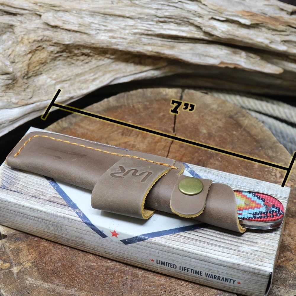 WHISKEY BENT HAT CO. Bullcutter 4 Fixed Blade Knife 440C Damascus Steel 3.5" Blade w/Leather Sheath 7" Overall Length (Warrior, 7" - Overall Length)