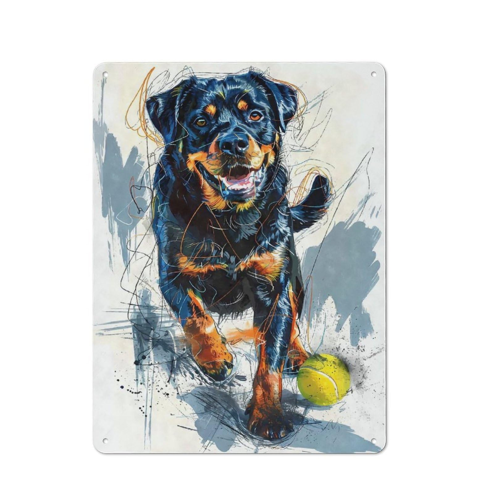 Junmoney Rottweiler Catching Ball Distressed Look Decorative Tin Sign 40X30cm, Vintage Wall Decor For Lounge, Study, Pub Or Wall Gallery