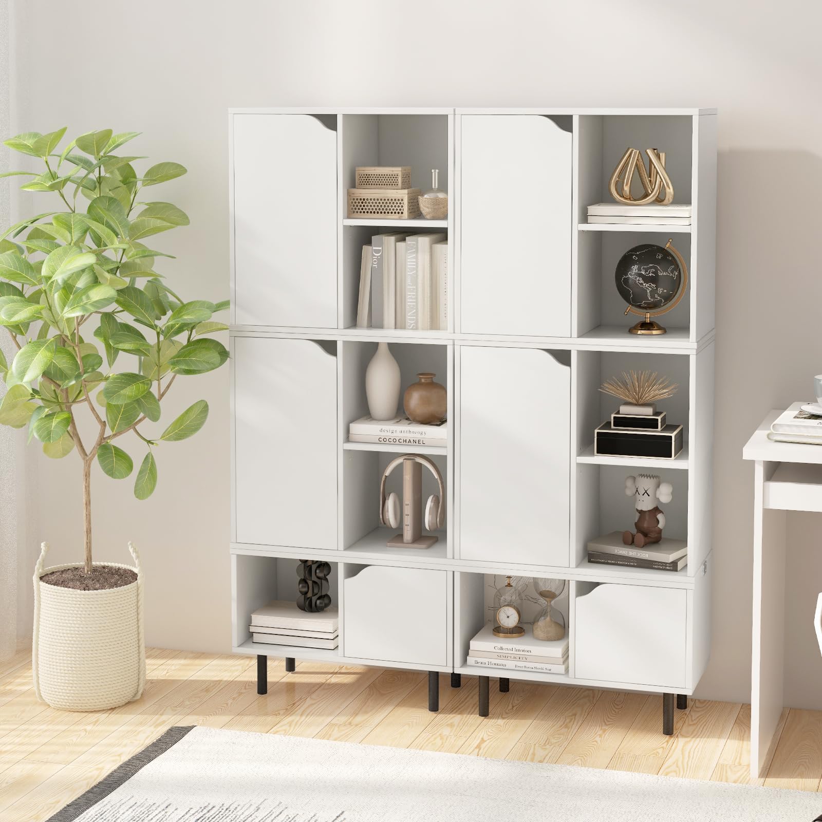 KOMFOTTEU 2 en 1 Librería Abierta Apilable con 2 Armarios y 3 Cubos