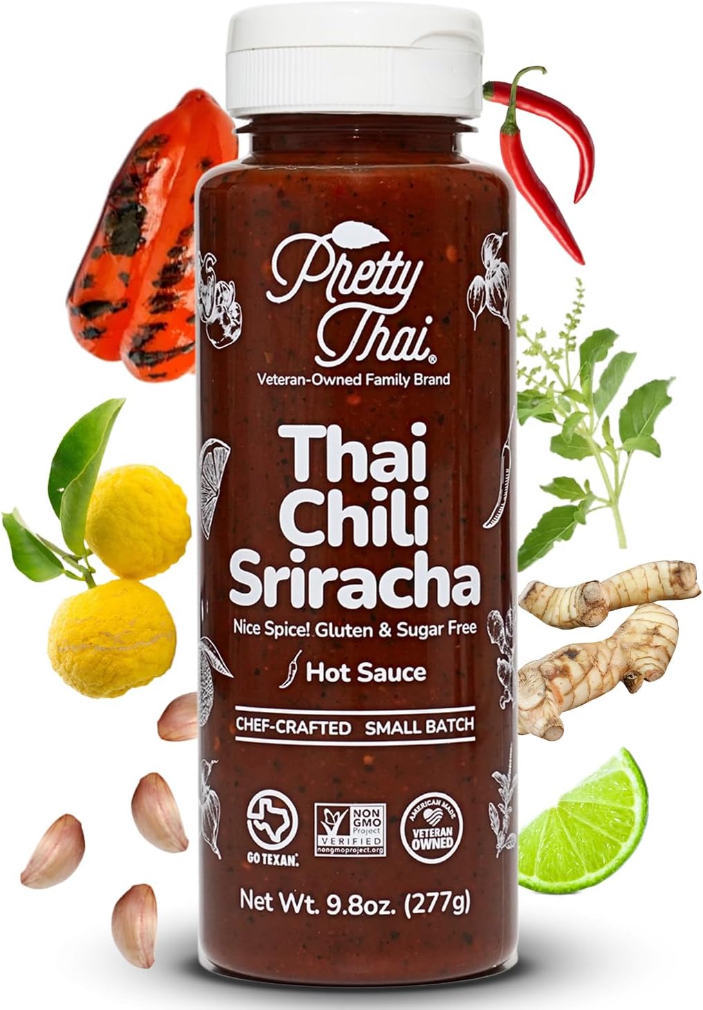 Pretty Thai Chili Sriracha Hot Sauce, Thai Style Asian Hot Sauce for Stir Fry, Marinades & Dipping. Non-GMO, Gluten Free, Zero Sugar, Vegan, 100% Natural Ingredients, 9.8 oz (277g)