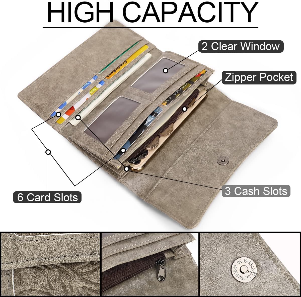 MEITRUE Women's Wallet Leather RFID Blocking Trifold Ladies Purse Embossed long Clutch Card Holder Phone Checkbook Organizer - Image 3