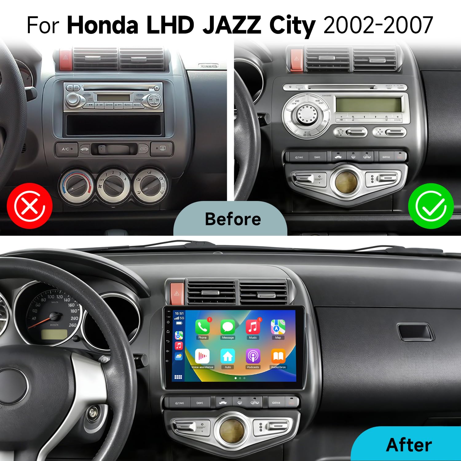 VIBEX | Autoradio per Honda Fit/Jazz 2001-2008 (Guida a sinistra), 4GB+64GB, Schermo tattile IPS 9", navigazione GPS, CarPlay e Android Auto, unità principale con telecamera retromarcia