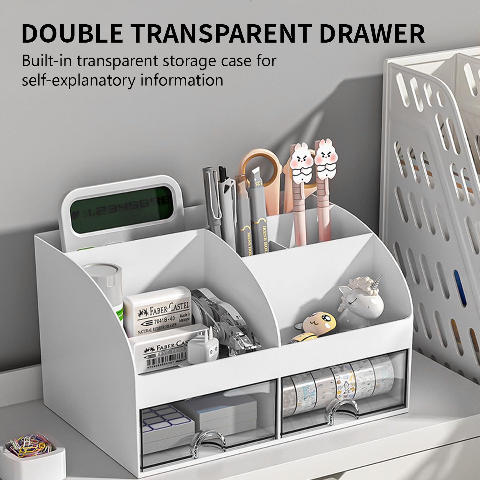 FYKERO Practical Desk Organiser, Multifunctional Plastic Stationary Organiser with Transparent Drawer - Image 4