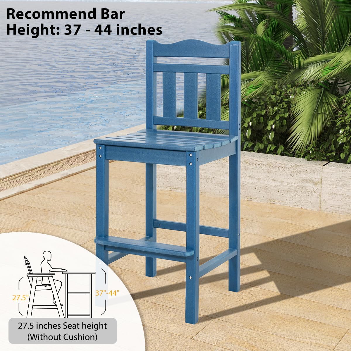 Sundale Outdoor Tall Adirondack Bar Chair Set of 4, HDPE Patio Stools with Backrest, 27.5 Inch Seat Height Tall Bistro Dining Counter Stool, All-Weather Pub Height Chair (Blue, 4 Bar Stools)