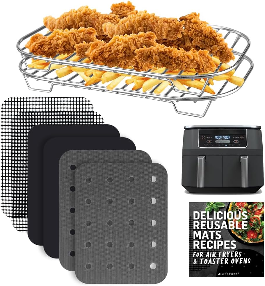 INFRAOVENS Accessories for Ninja Dual 2 Basket Air Fryer 10 QT DZ401 & 8 QT DZ201, Racks for Foodi Dual Zone, Reusable Liner Sheets for Double Airfryer, 9pcs Kitchen Accessory Set with Recipe Book - Thumbnail 4