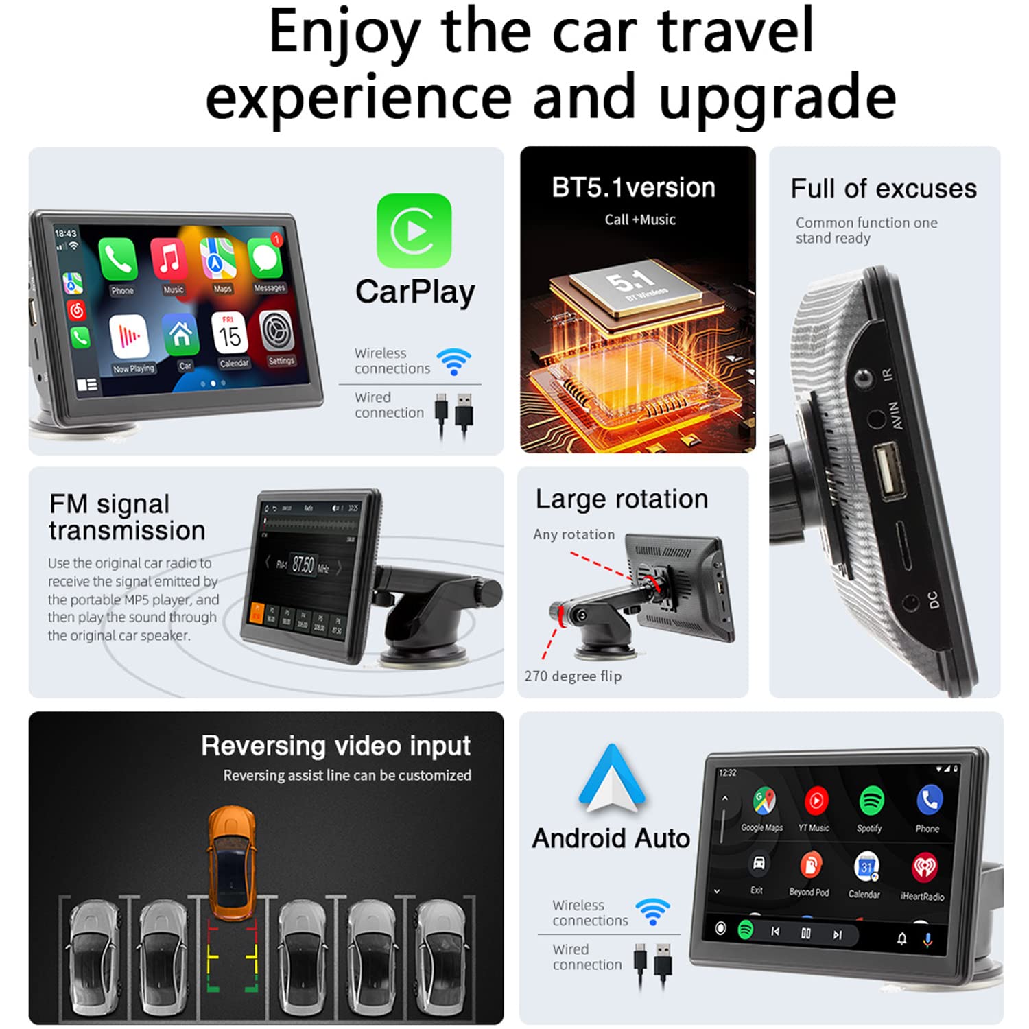 Autoradio portatile compatibile for wireless Carplay e Android Auto, auto stereo monitor 7" con telecomando, telecamera posteriore, Mirror Link, Bluetooth, trasmettitore FM, porta scheda AUX/USB/TF