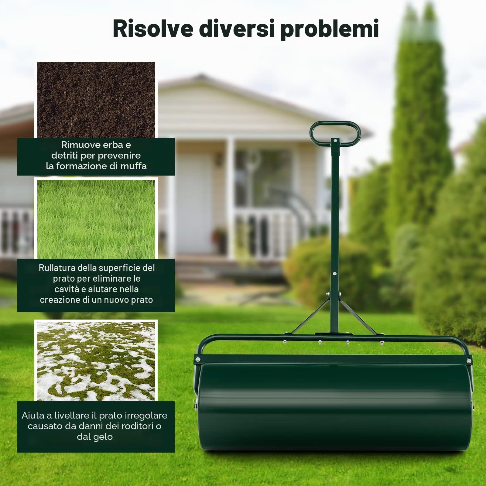 FANTASK Rullo per prato in metallo, Ø 30 cm, rullo manuale con manico 63 l, rullo per carichi pesanti, riempito con acqua e sabbia, rullo da giardino, rullo per prato